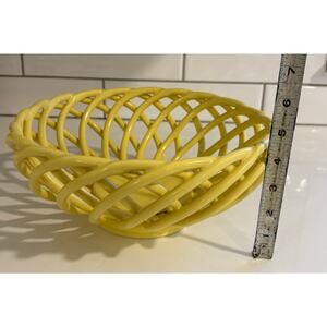Vintage Yellow Ceramic Bowl or Basket with Round Lattice Weave